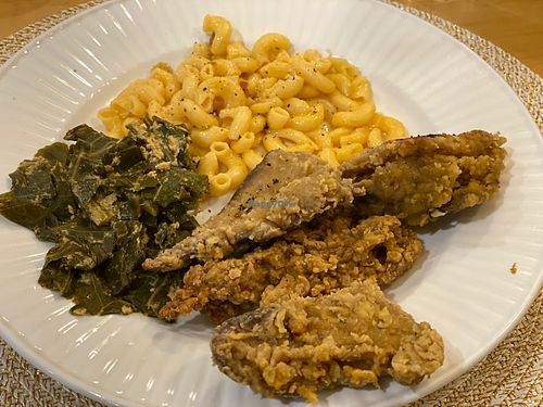 Collards, mac & cheese, and fried chick’n meal at Our Vegan Corner in Syracuse