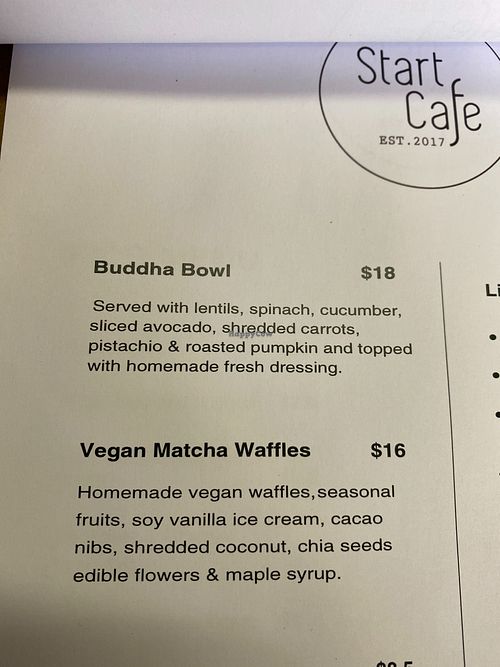Vegan menu continued  at Start Cafe Bakery Hill in Ballarat