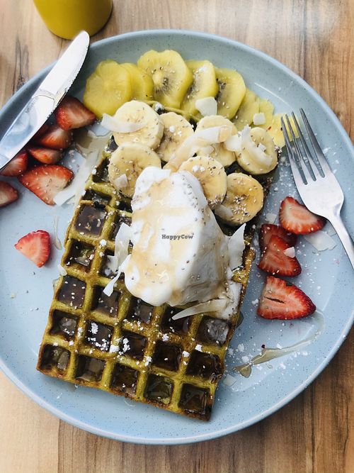Vegan Matcha waffles with vanilla vegan ice cream  at Start Cafe Bakery Hill in Ballarat