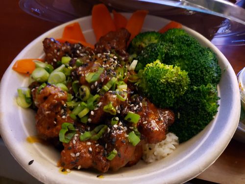 Orange chicken bowl at Naughty Vegan Panda in Pasadena
