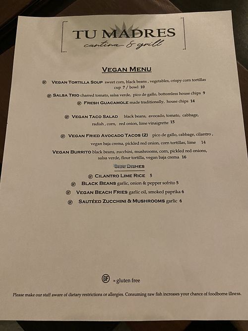 vegan menu  at Tu Madres Cantina & Grill in Indio