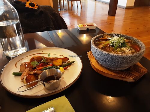 Asparagus Chicken steak and Pho.  at Vegan World Peace by Loving Hut in Reykjavik