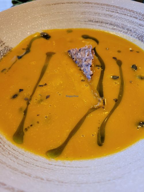 Pumpkin soup at Vegan World Peace by Loving Hut in Reykjavik