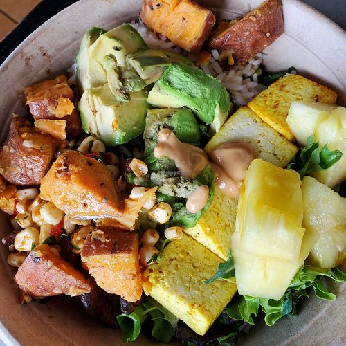 Vegetable Bowl with sweet potato, tofu, pineapple, avocado, corn, rice, and spring mix. at Zen Hen in Hendersonville