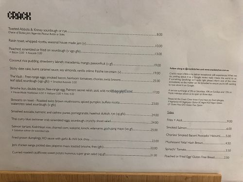 Menu as of March 2021 at Crack Kitchen in Adelaide