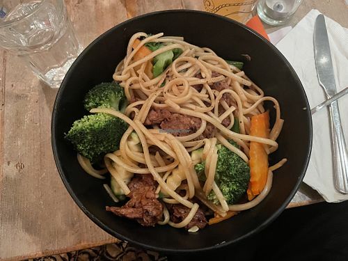 Vegan noodles with veggies and soy beef at Red Bamboo in New York City