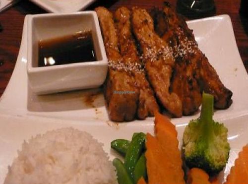 voodoo sticks: grilled soy beef and pepper kabobs served with rice and steamed vegetables at Red Bamboo in New York City