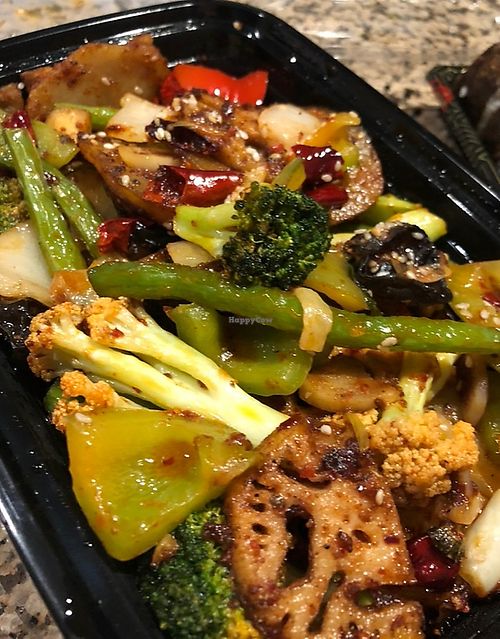 Vegetable in Dry Pot—to go! Just a hint of heat ❤️. at Trendy Vegan in Houston