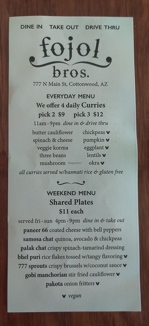 Menu 1 at Fojol bros in Cottonwood