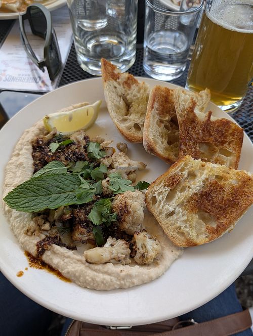Garden Party special, butter bean puree with cauliflower and garam masala. Amazing 🤩 at Otherlands Beer in Bellingham