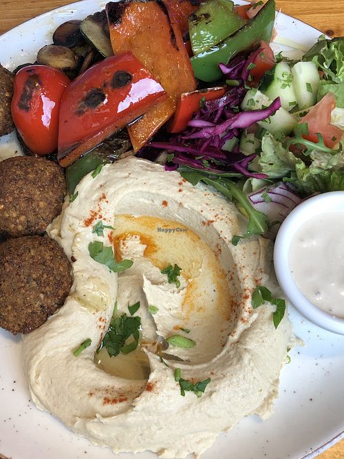Hummus, falafel, and grilled veggies  at Hummus and Company in Barcelona