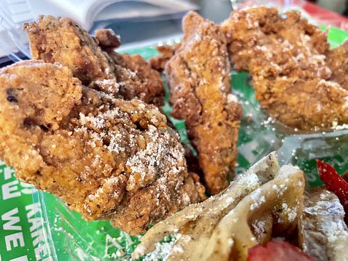 Closeup. The chicken is batter fried oyster mushrooms!  at Karelyns Vegan Soul Café in Orlando