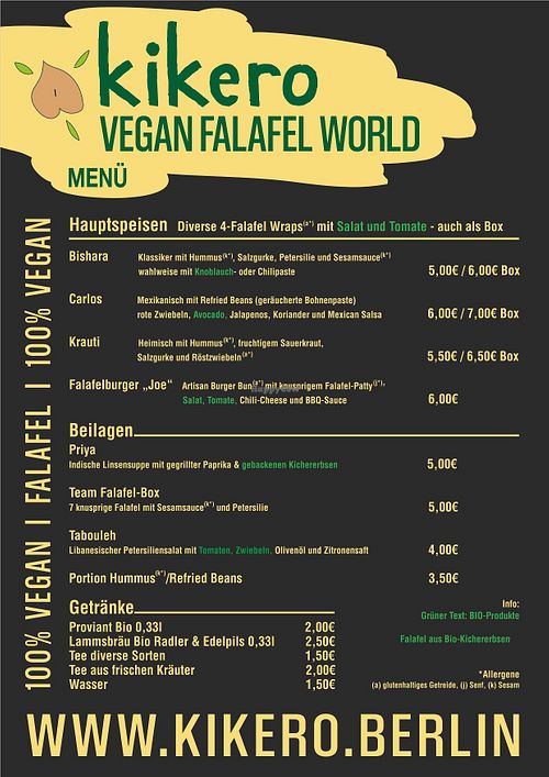 Menu at Kikero Vegan Falafel World in Berlin