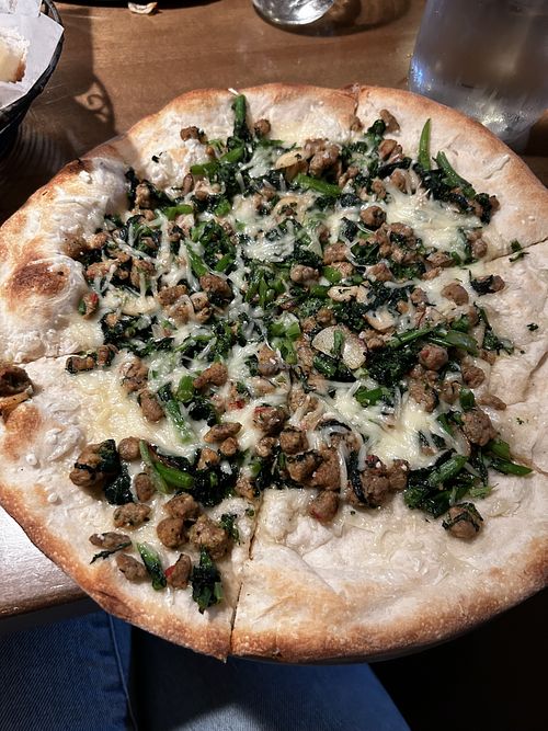 Delicious vegan sausage pie  at Bramalo Pizzeria & Restaurant in Bellmore
