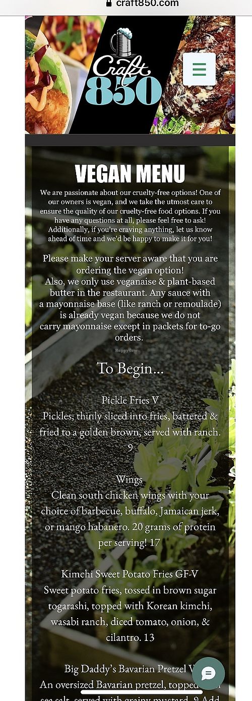 Online vegan menu at craft850.com at Craft 850 in Panama City Beach