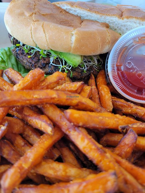 Black bean burger with a side of sweet potato fries at Cafe Metropole in Santa Catalina Island