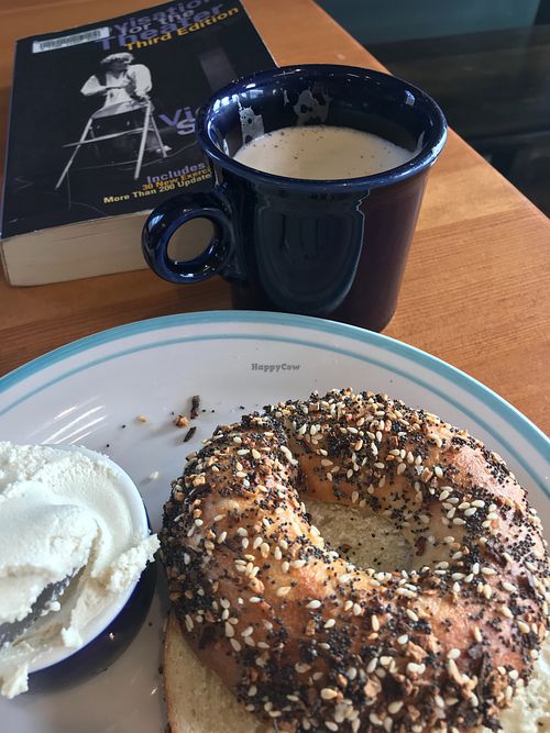 Everything bagel with cashew cream cheese and coffee at Hank's Bagels in Burbank
