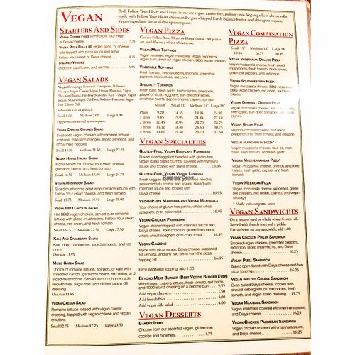 Vegan Menu at The Original Pizza Cookery in Thousand Oaks