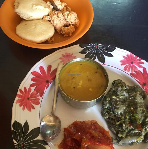 Dhal soup, spinach curry and idly with sambal. at Go Kools Hot Snacks in Sigatoka