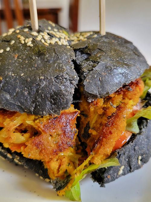 The vegan burger cut in two... Quite good at Nang Sabai Cafe Artisan Bakery in Koh Samui