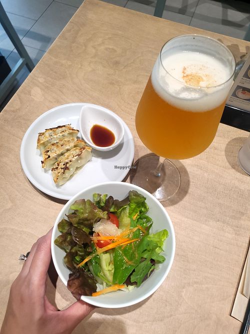 Gyoza and apple flavored beer at Vegan Bistro Jangara in Tokyo