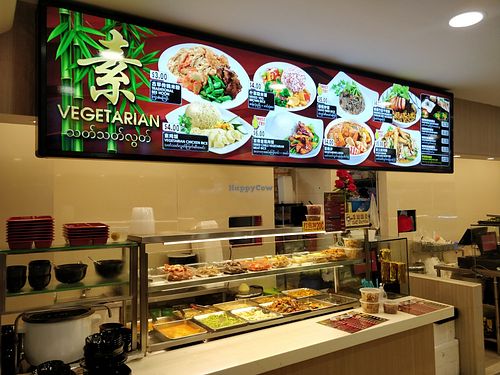 Stall front and buffet spread at Vegetarian 素 - Peninsula Plaza in Central Singapore