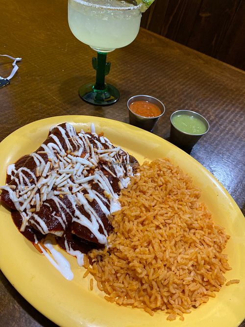 Red enchilada with chik’n rice and a margarita  at Pancho's Vegan Tacos in Long Beach
