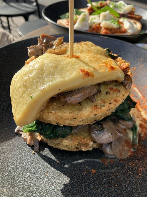 Stacked hash browns come with a chunk of delicious mozzarela  at Nolita in Wellington