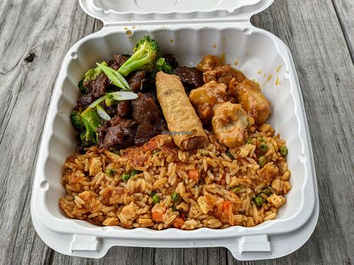 "Beef" and Broccoli, Orange "chicken," "egg" roll, and fried rice. at Lo Pans Kitchen by Plow Burger in Austin