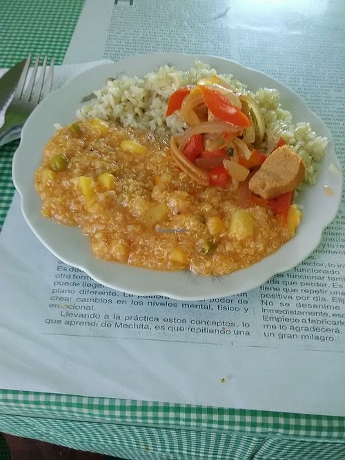 Quinoa mixture, brown rice, smoked veggie dog at Las Mercedes in Trujillo