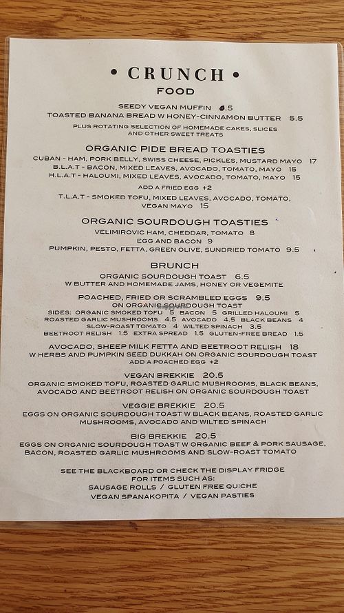Menu at Crunch Cafe in Thornbury