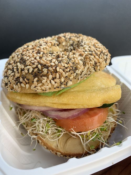 Vegan hummus bagel sandwich  at Pita Kabob Mediterranean Fusion Grill in Visalia