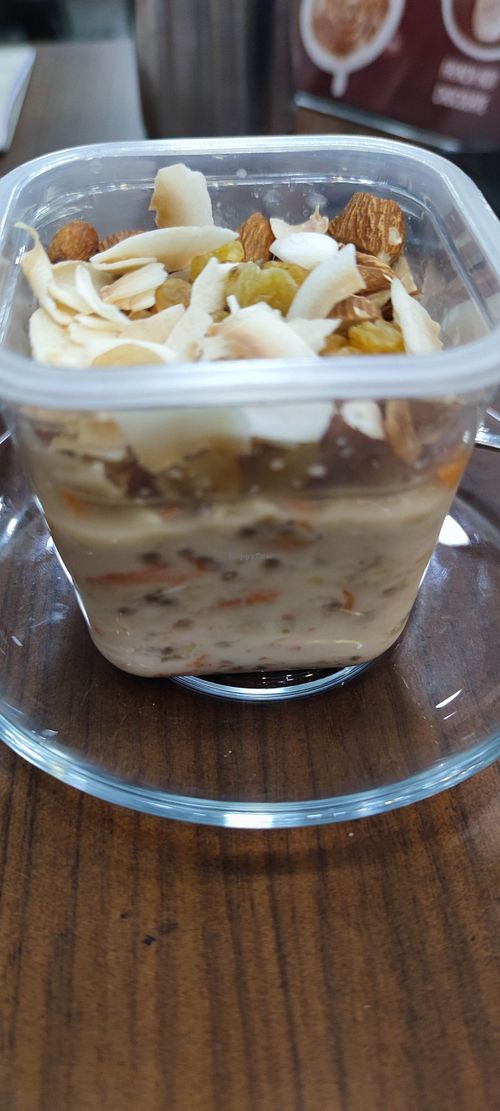 Carrot overnight oats. They have honey. Be aware of that. at Beano's in Cairo