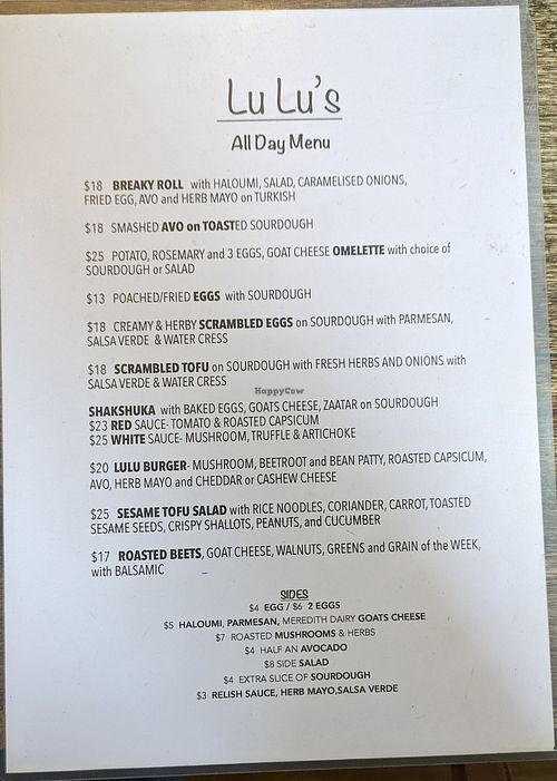 LuLu's menu July 2024 at Lulu's Cafe in Mullumbimby