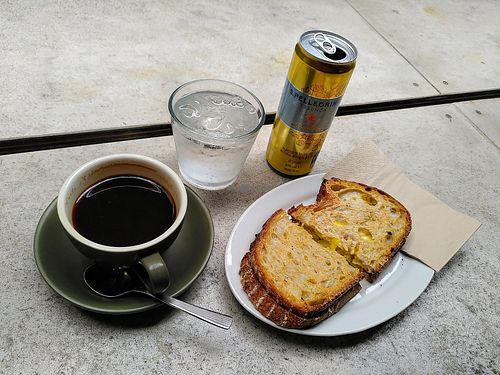 Long black, lemon sparkles and Sheesey toastie. at The Dellers in Fremantle