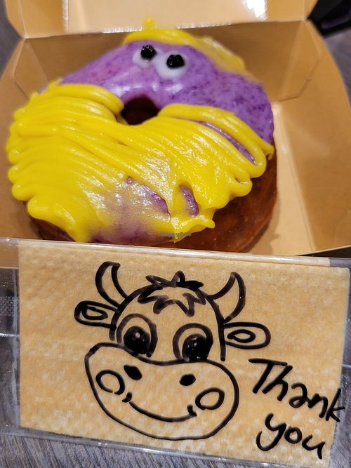 Yummy donut & Sweet HappyCow drawing by the staff at 2foods - Ark Hills in Tokyo