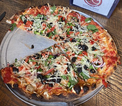 Veggie pizza with violife vegan mozzarella (they let you bring in your own cheese!) at dO wood fired in Irwin