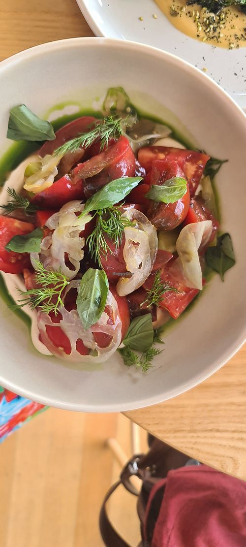 Heirloom tomatoes with soy cream,  dashing dressing and basil at At The Heads in Barwon Heads