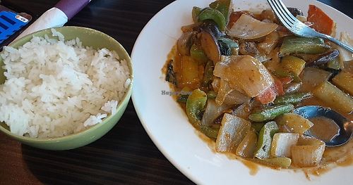 I got the green thai curry and asked for no meat and they gave me veggies and tofu. You can ask to substitute the meat for tofu but make sure to ask.  at Tokyo Sushi Hibachi and Asian in Sylacauga