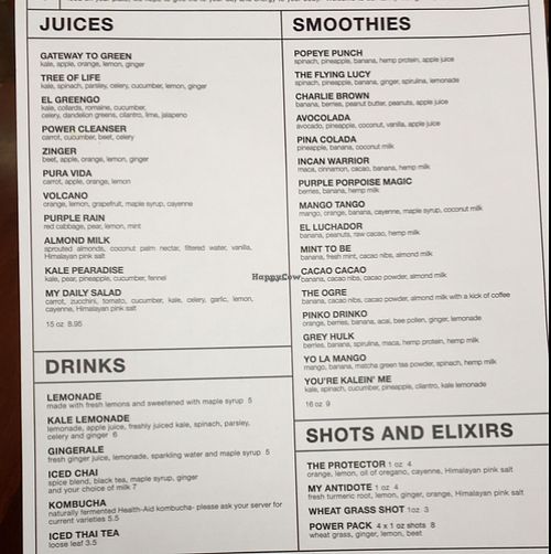 menu drinks  at Living Kitchen - South End in Charlotte