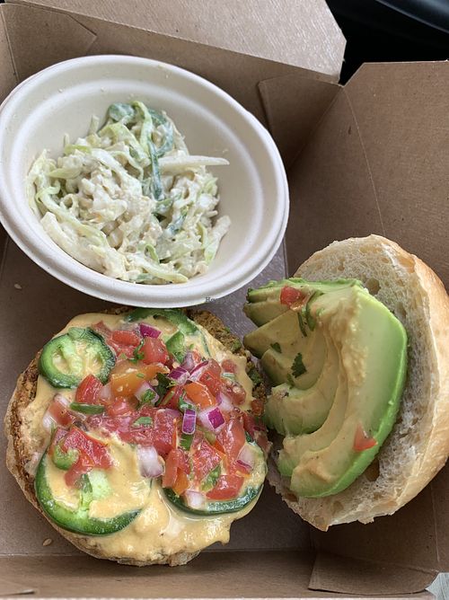 Taco Burger with coleslaw  at Living Kitchen - South End in Charlotte