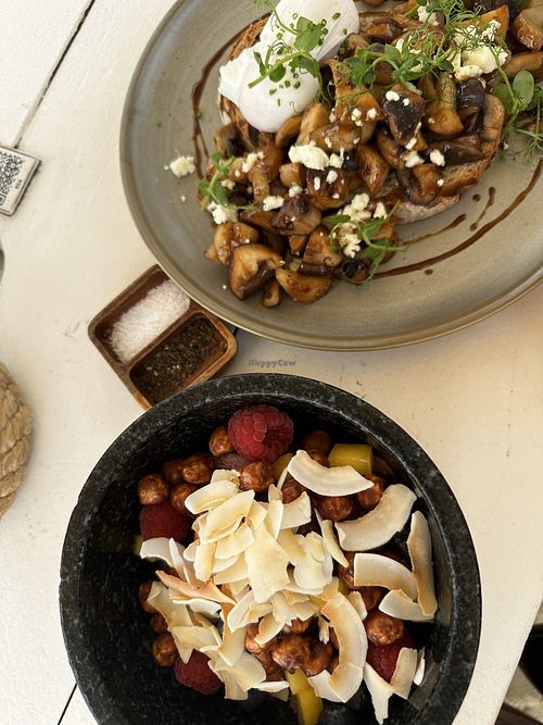 Açai bowl (vegan) & Mushroom bruschetta (vegetarian)  at Tanjong Beach Club in Central Singapore