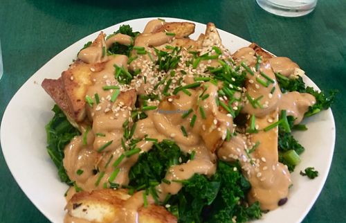 Love Bowl w/ Tofu and Peanut Sauce and Veggie Burger. at Good Karma Cafe in Red Bank