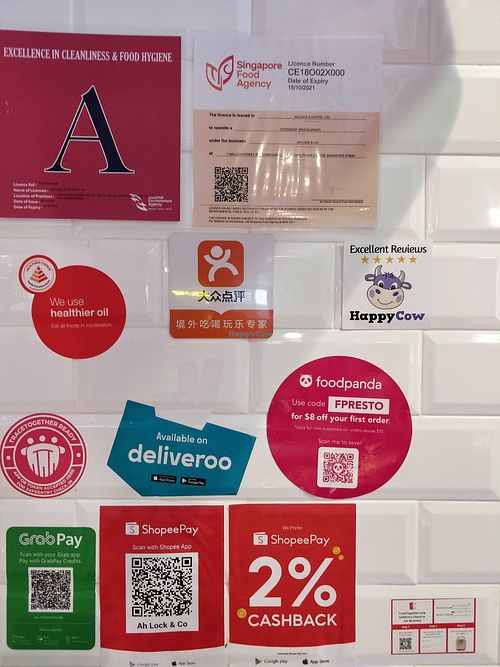 HappyCow 5 stars EXCELLENT reviews sticker at Ah Lock & Co in Central Singapore
