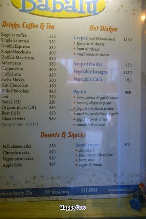 Menu at Cafe Babalu in Reykjavik