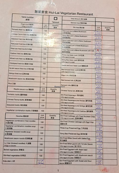 Menu at Huì Lái SùShí 慧萊素食 in Hualien