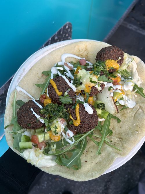 Open face pita with falafel - very good!   at MeZe Eatery in Grass Valley