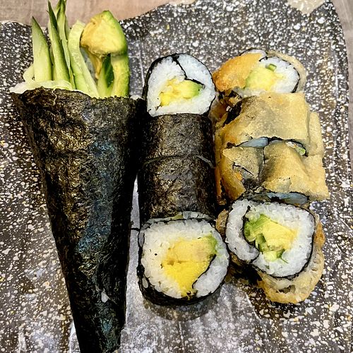 Vegetable Temaki, Mango + Avocado Maki, Tempuv cooked roll  at Sumo Sushi in Mallorca