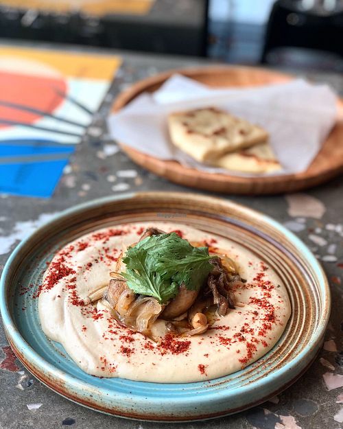 Hummus with mushrooms and pita at Israel Grill in Krasnodar