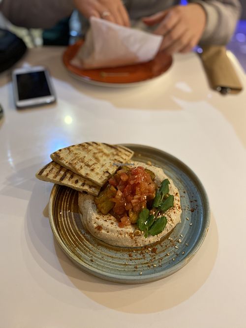 Hummus with fried eggplants and pita at Israel Grill in Krasnodar